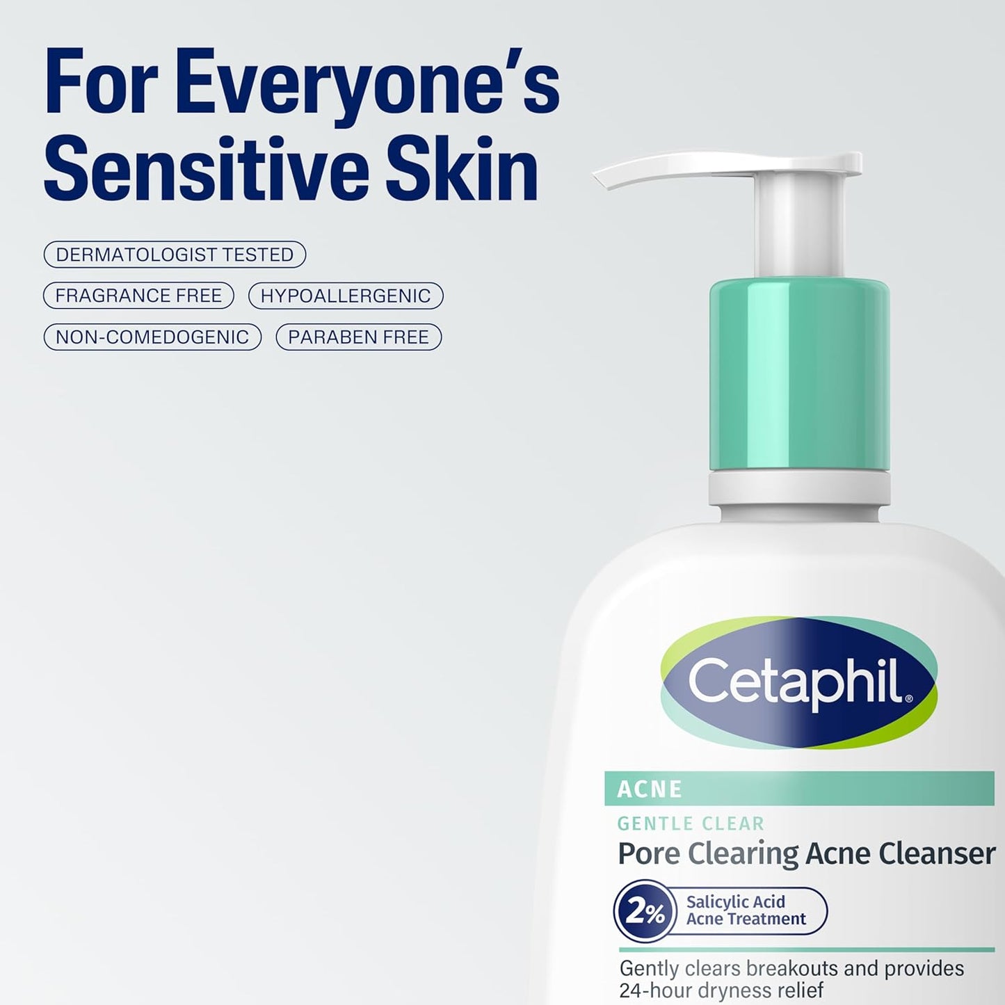 Cetaphil Limpiador Suave de Poros Transparentes para el Acné, Limpiador de Gel Espumoso para Piel Sensible y Propensa al Acné, Botella con Bomba de 8 Onzas Líquidas, Ácido Salicílico al 2%, Exfolia