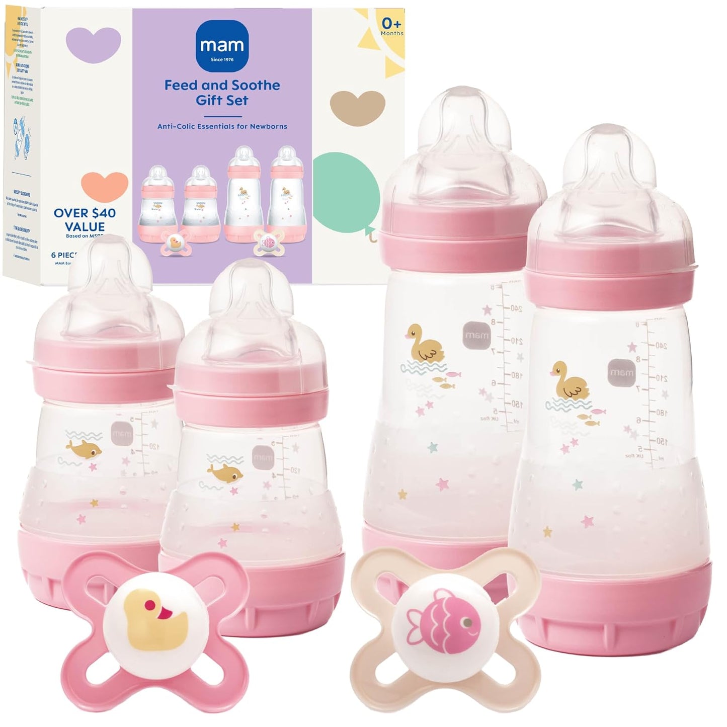 MAM Set de regalo Feed &amp; Soothe con biberón y chupete para niña...