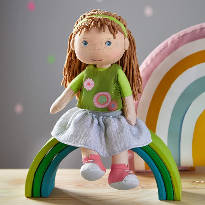 HABA Muñeca de bebé blanda de 12" Hedda con cabello marrón, ojo...