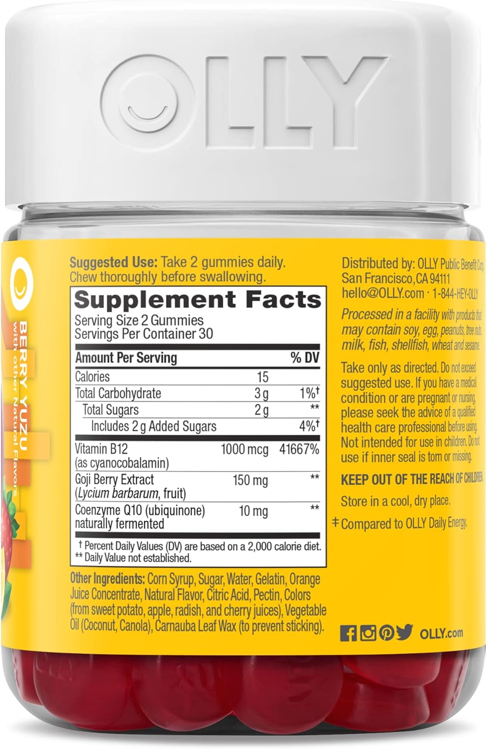OLLY Extra Strength Daily Energy Gummy, sin cafeína, 1000 mcg de vi...