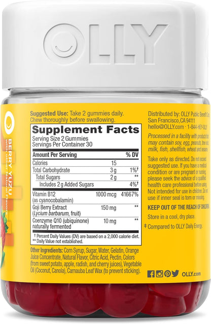 OLLY Extra Strength Daily Energy Gummy, sin cafeína, 1000 mcg de vi...