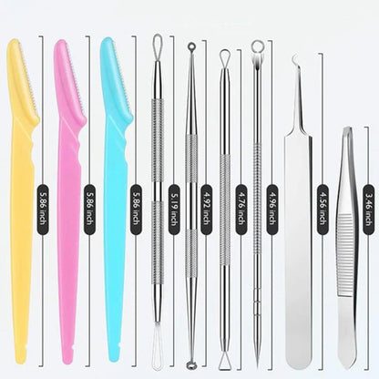 9-in-1 stainless steel blackhead and acne tool set, slanted eyebrow...