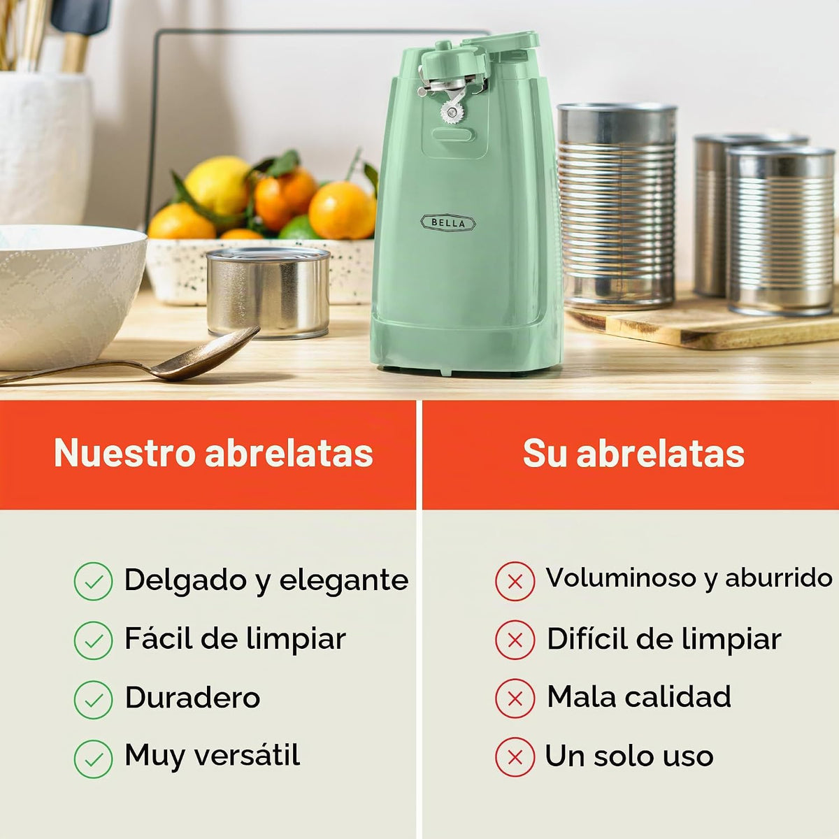 bella Abrelatas eléctrico y afilador de cuchillos, palanca de corte...