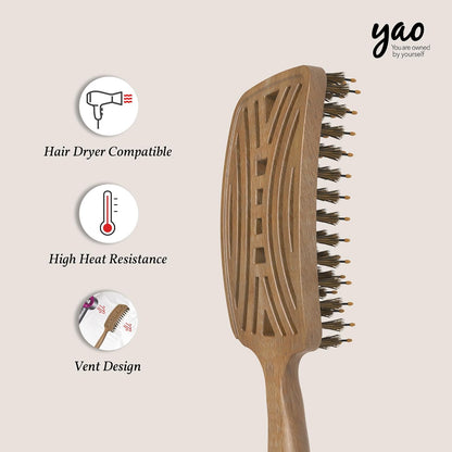 Yao - Cepillo de cerdas de jabalí, desenredante de cabello grueso y rizado ventilado para mujeres y niños, cabello brillante y texturizado