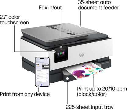 HP OfficeJet Pro 8139e Impresora inalámbrica de inyección de tinta todo en uno, impresión, escaneo, copia, fax, ADF, impresión a doble cara Lo mejor para la oficina en casa, 1 año de prueba de tinta instantánea incluida, habilitada para IA (40Q51A)