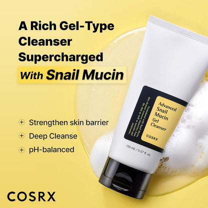 COSRX Advanced Snail Mucin Gel Cleanser, 5.07 fl oz / 5.1 fl oz, rico gel de limpieza profunda diaria para piel seca y sensible, cuidado de la piel coreano, no probado en animales, sin parabenos
