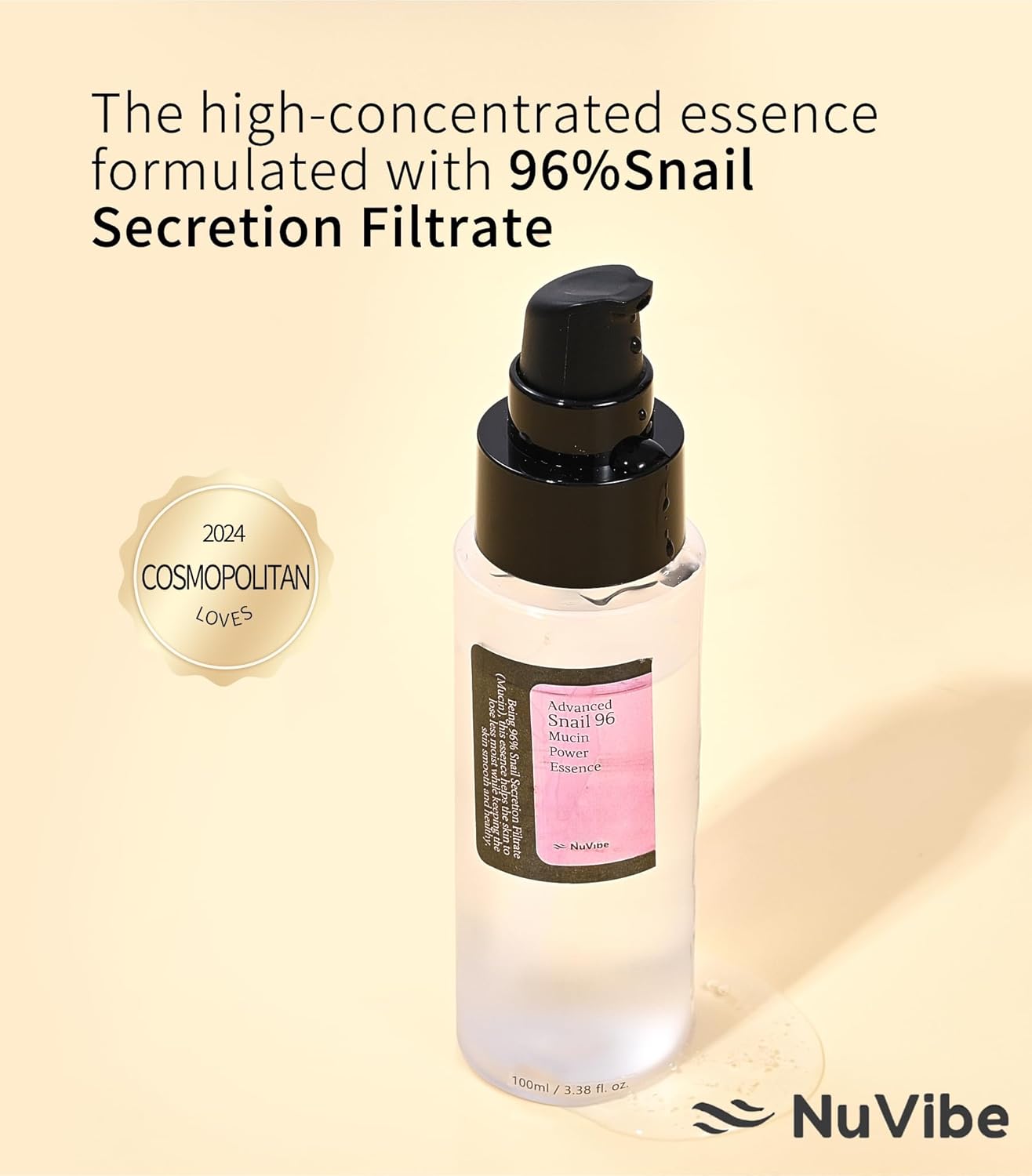 NuVibe Avanced Snail Mucin 96% Essence - Suero facial hidratante con filtrado de secreción de caracol para piel seca y opaca y líneas finas | Cuidado coreano de la piel para cara, ojos y cuello | 3.38 onzas líquidas (3.4 fl oz)