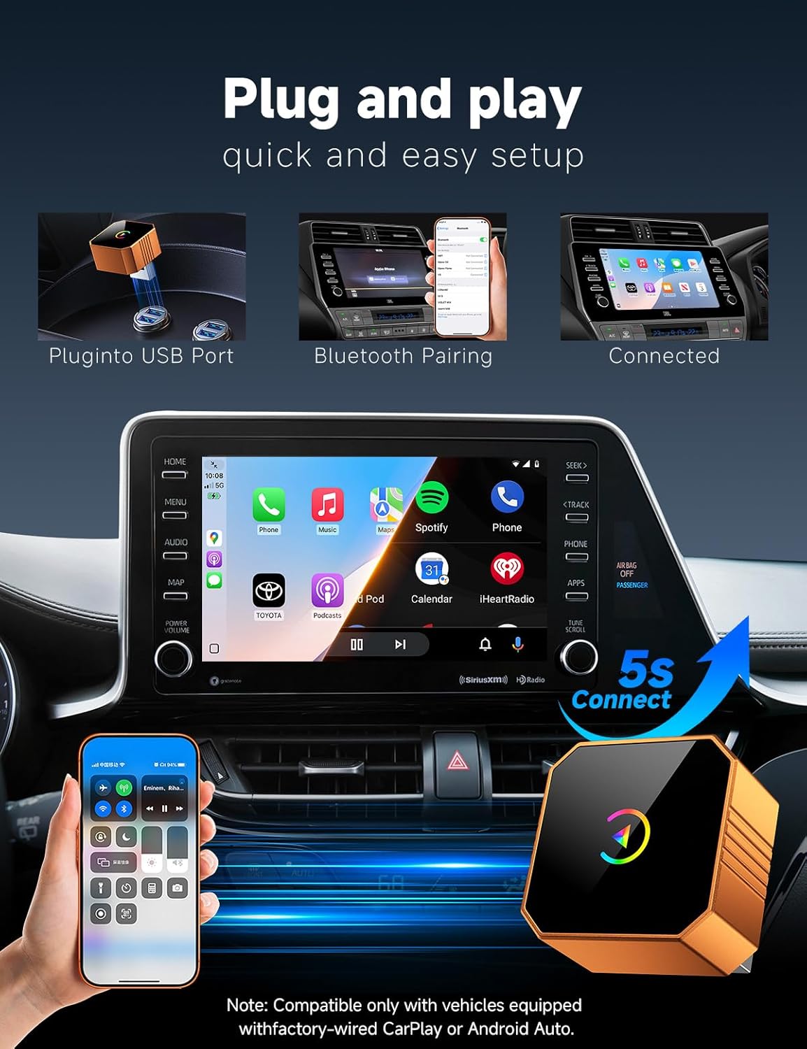 Mini adaptador inalámbrico CarPlay 2026 con cable a inalámbrico para CarPlay y Android Auto, Plug and Play, conexión estable con latencia cero, compatible con iPhone iOS 10+Android 11+