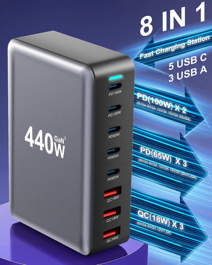 Bloque de cargador rápido USB C GAN de 440 W, estación de carga de...