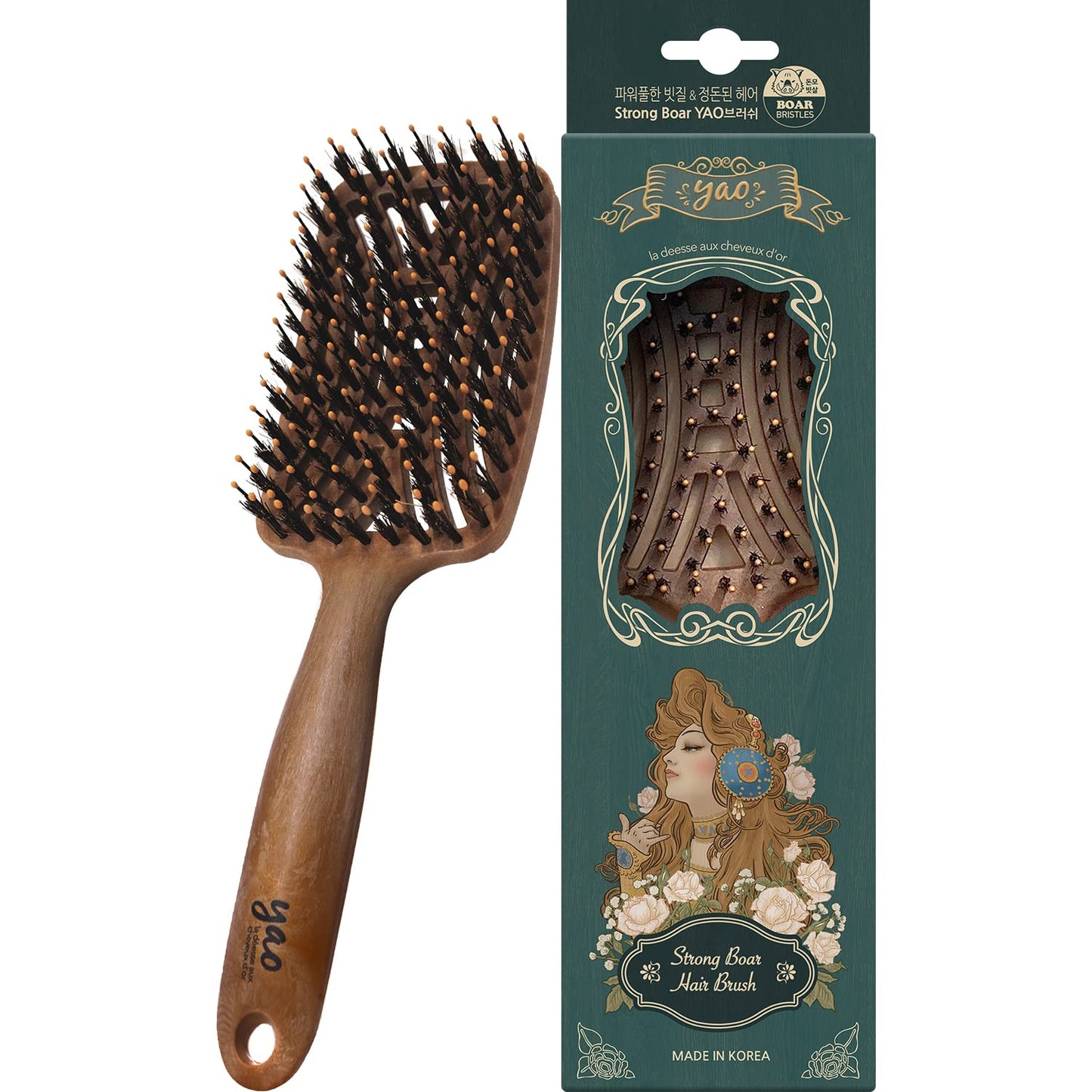 Yao - Cepillo de cerdas de jabalí, desenredante de cabello grueso y rizado ventilado para mujeres y niños, cabello brillante y texturizado