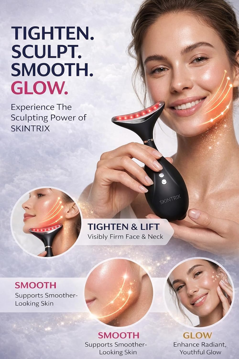 SKINTRIX Masajeador facial y cuello LED 3 en 1, dispositivo de bell...
