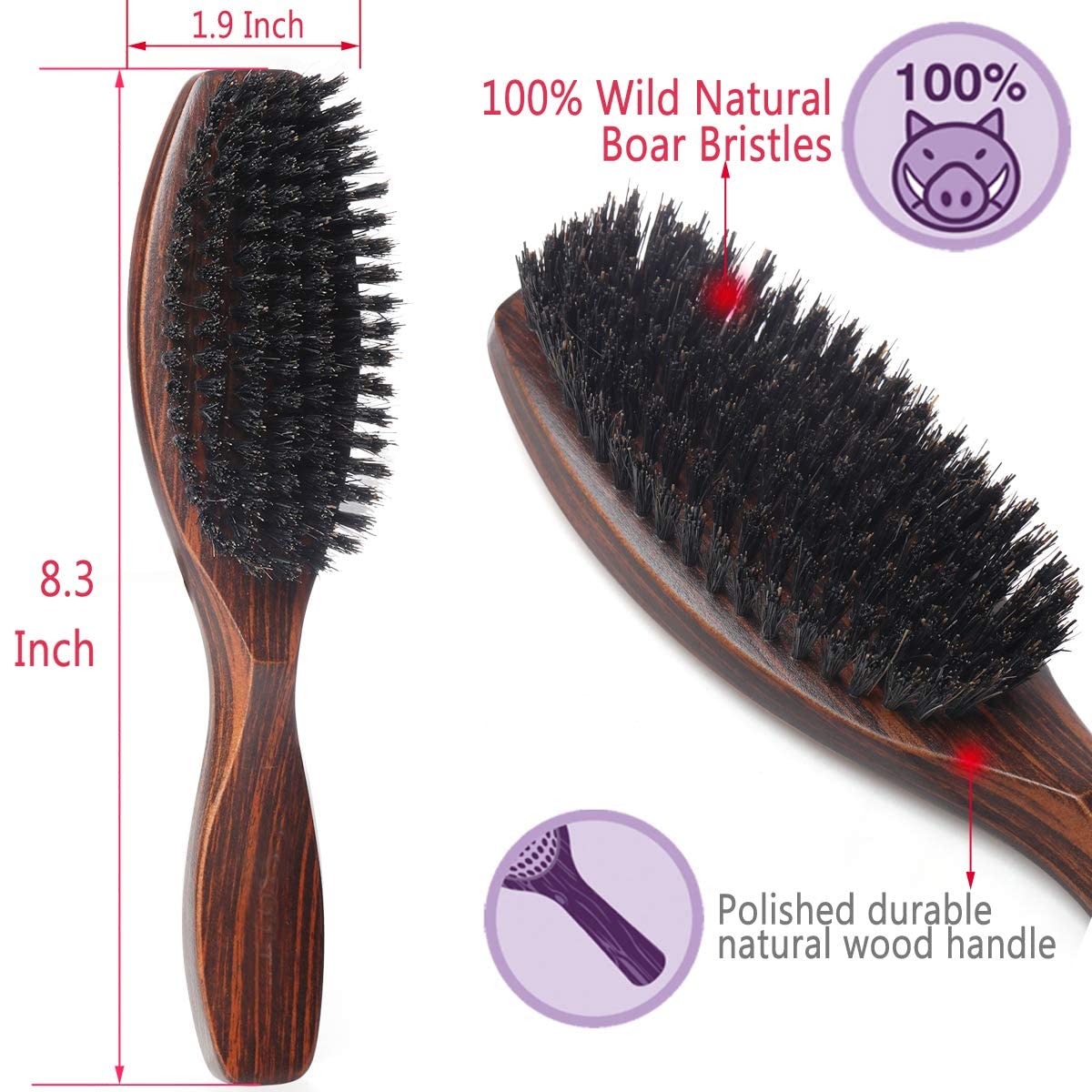 PERFEHAIR Cepillo de pelo de cerdas de jabalí natural 100% salvaje con mango de madera para hombres y mujeres cabello fino
