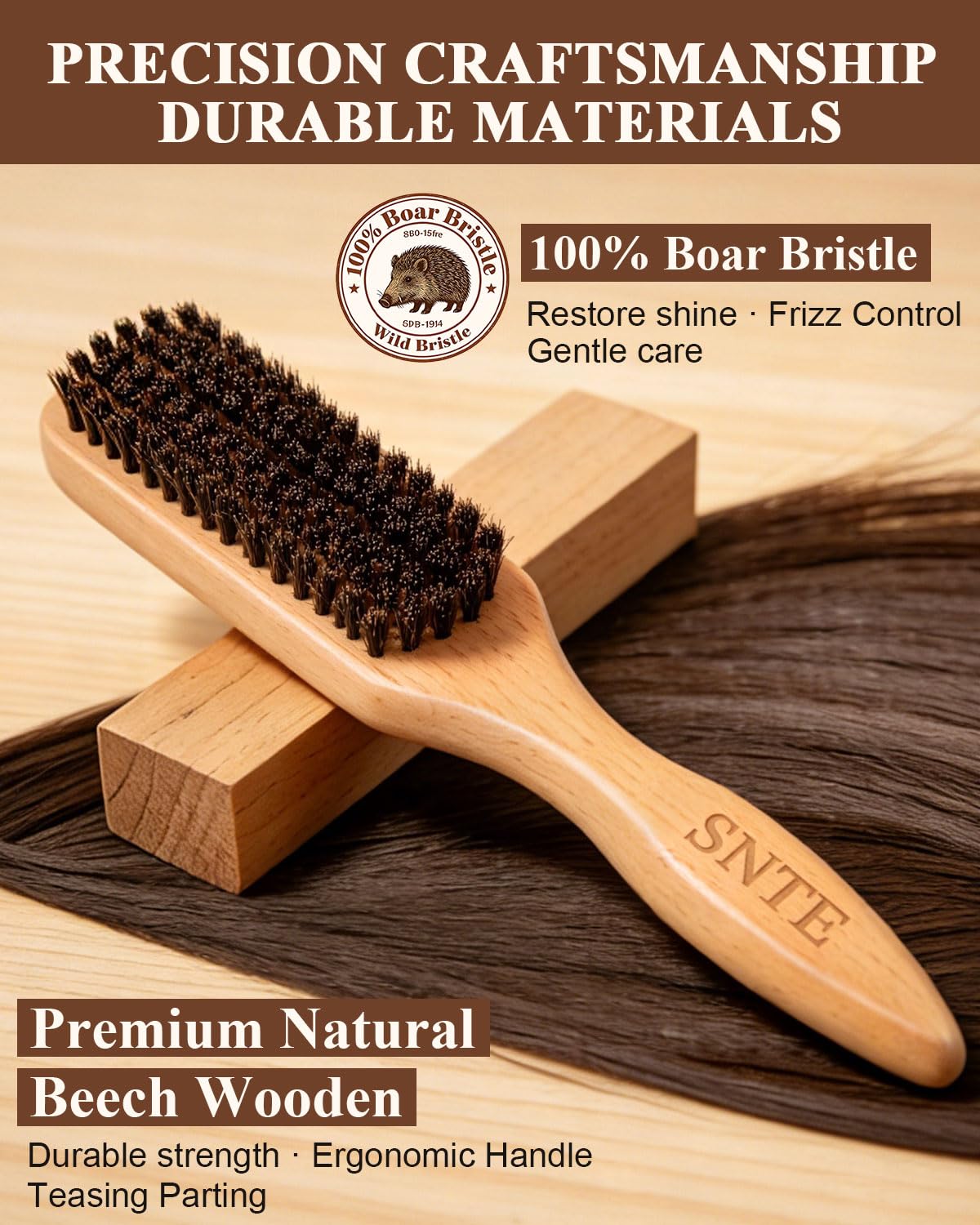 Cepillo de pelo liso para suavizar el encrespamiento de los bordes, domesticar las colas de caballo, moños elegantes, cepillo de cerdas de jabalí para cabello fino/mediano de mujeres y hombres