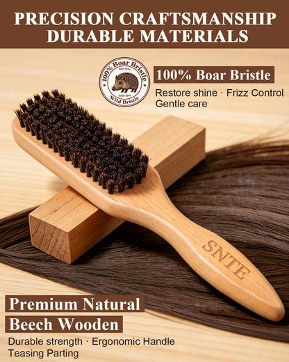 Cepillo de pelo liso para suavizar el encrespamiento de los bordes, domesticar las colas de caballo, moños elegantes, cepillo de cerdas de jabalí para cabello fino/mediano de mujeres y hombres