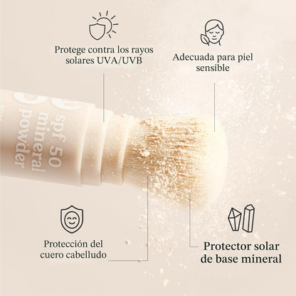Roe Wellness - Polvo de protección solar mineral con brocha SPF 50 para niños, EWG, apto para arrecifes, fácil de aplicar para niños, bebés y padres
