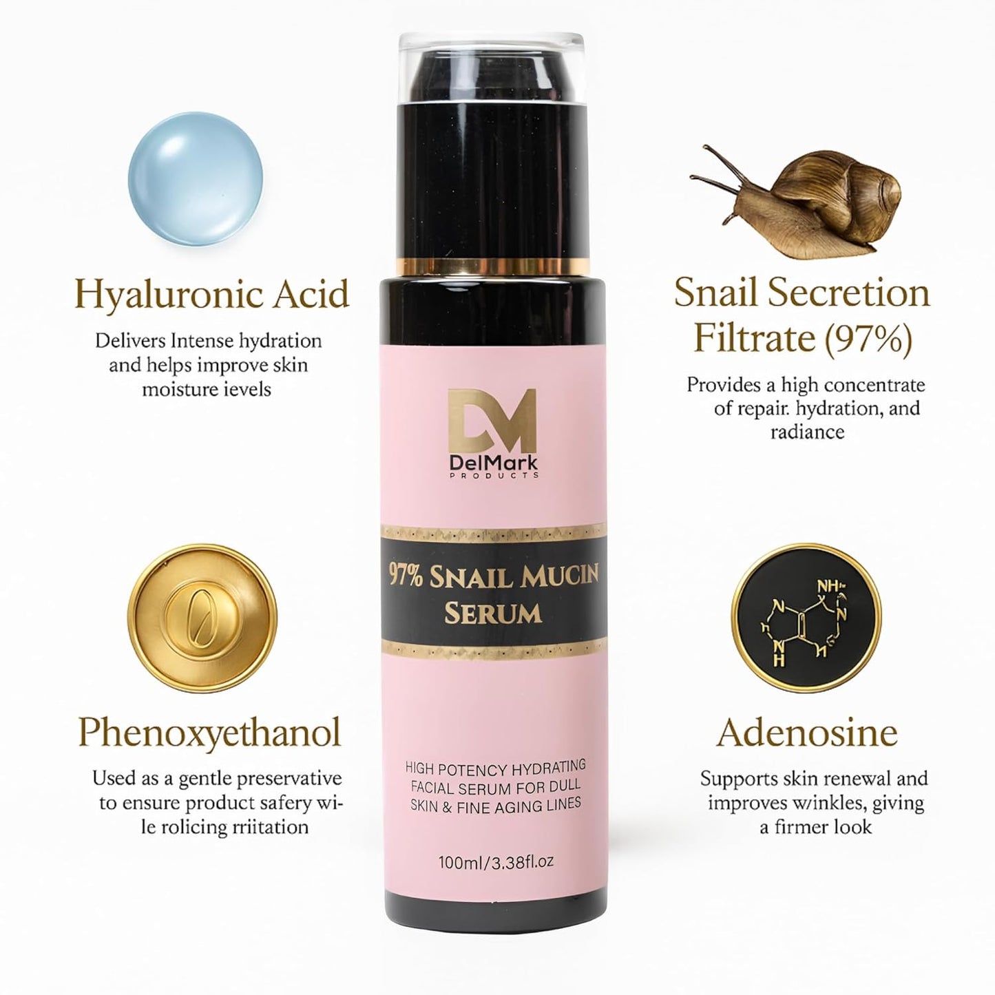 Suero de mucina de caracol de 3.4 fl oz, 97% filtrado de secreción de caracol con ácido hialurónico, esencia reparadora de energía, removedor de manchas oscuras, cuidado de la piel coreano, suero hidratante para cara, ojos y cuello