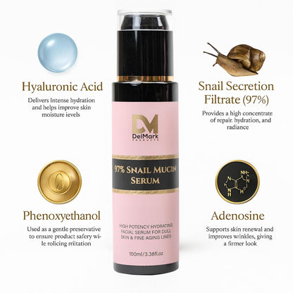 Suero de mucina de caracol de 3.4 fl oz, 97% filtrado de secreción de caracol con ácido hialurónico, esencia reparadora de energía, removedor de manchas oscuras, cuidado de la piel coreano, suero hidratante para cara, ojos y cuello