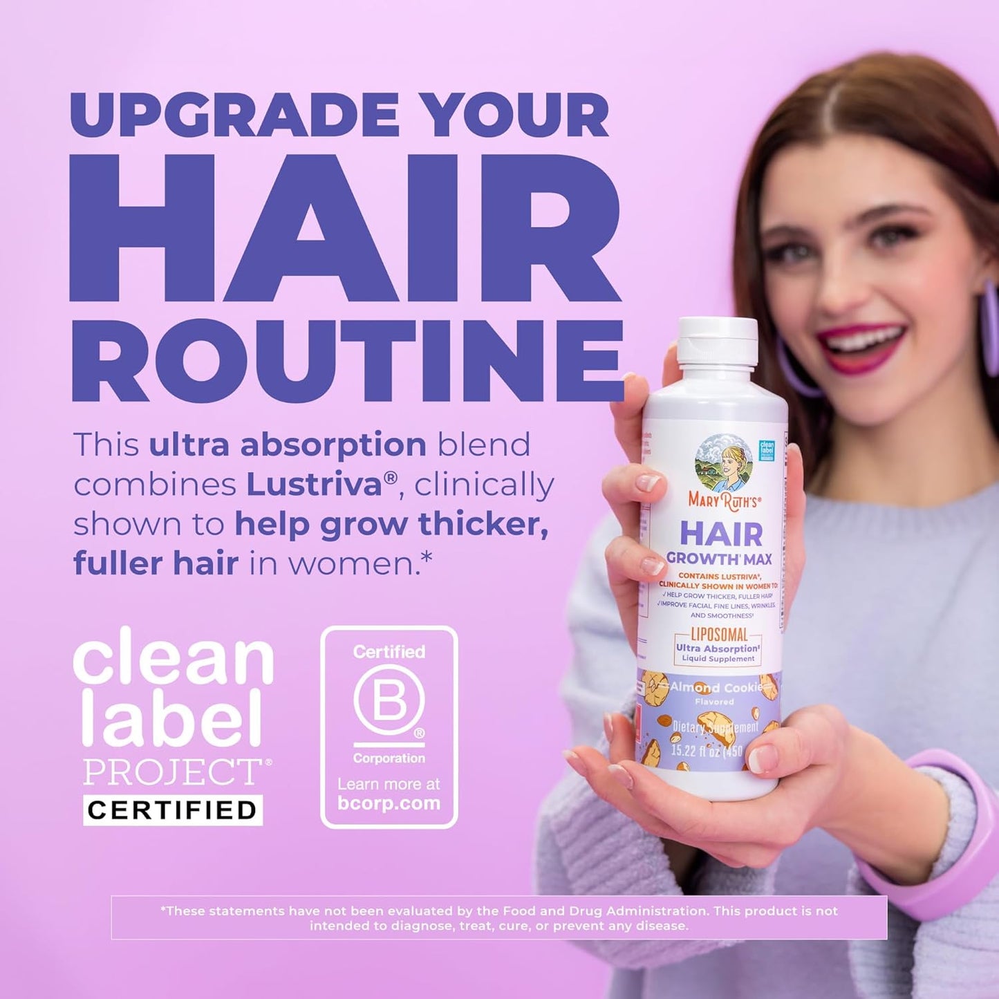 MaryRuth Organics Crecimiento de cabello MAX Liposomal para mujeres | con Lustriva® + Biotina 10000mcg + Aceite de semilla de calabaza | Cabello más grueso | Cuidado del cabello | Arrugas, líneas