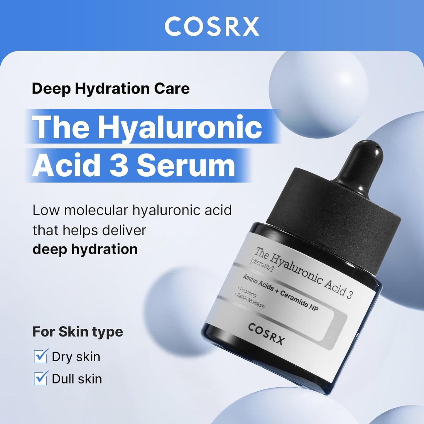 COSRX Suero de ácido hialurónico de sodio puro al 3%, hidratante y estimulante de la humedad para líneas finas y arrugas, repara la piel seca, 0.67 onzas líquidas, sin fragancia artificial, cuidado de