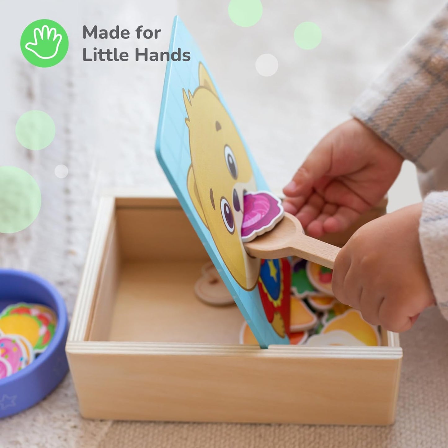 Bimi Boo Juguetes de alimentación de madera - Juguetes Montessori de cuchara para niños pequeños de 1 a 4 años - Juego de alimentos de simulación de habilidades motoras finas para niños (27 alimentos