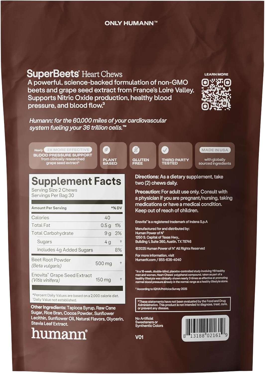 HumanN SuperBeets - Masticables de corazón, soporte de óxido nítric...
