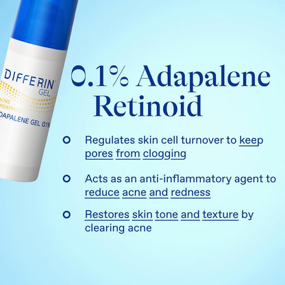 Gel de tratamiento para el acné Differin, suministro de 90 días, tratamiento retinoide para la cara con 0.1% de adapalene, cuidado suave de la piel para pieles sensibles con tendencia al acné, bomba