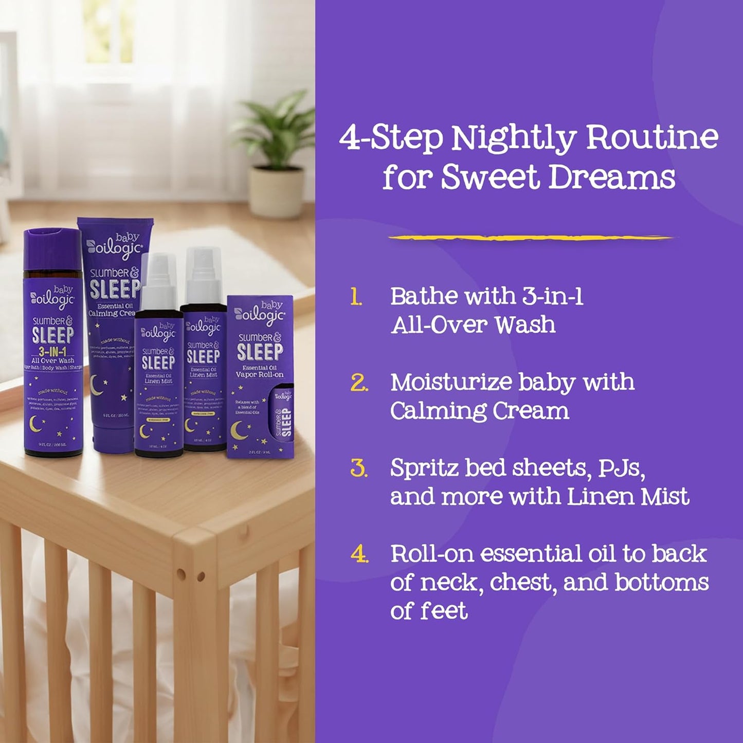 Oilogic Slumber & Sleep Bath Baby Essentials Set de regalo – Incluye gel de baño corporal, crema calmante, spray para dormir y aceites esenciales roll-on – Mezclas de sueño, comodidad y bienestar