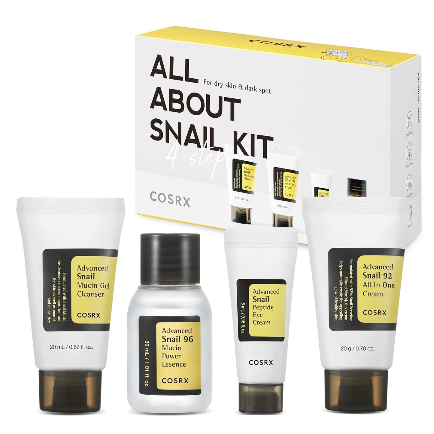 COSRX All About Snail Mucin - Juego de cuidado de la piel coreano, mini artículos esenciales de viaje, juego de regalo de tamaño de viaje con lavado facial de mucina de caracol, suero, crema hidratante y crema para ojos, kit rejuvenecedor