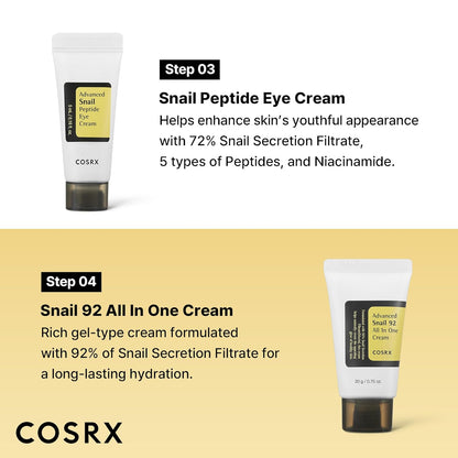 COSRX All About Snail Mucin - Juego de cuidado de la piel coreano, mini artículos esenciales de viaje, juego de regalo de tamaño de viaje con lavado facial de mucina de caracol, suero, crema hidratante y crema para ojos, kit rejuvenecedor