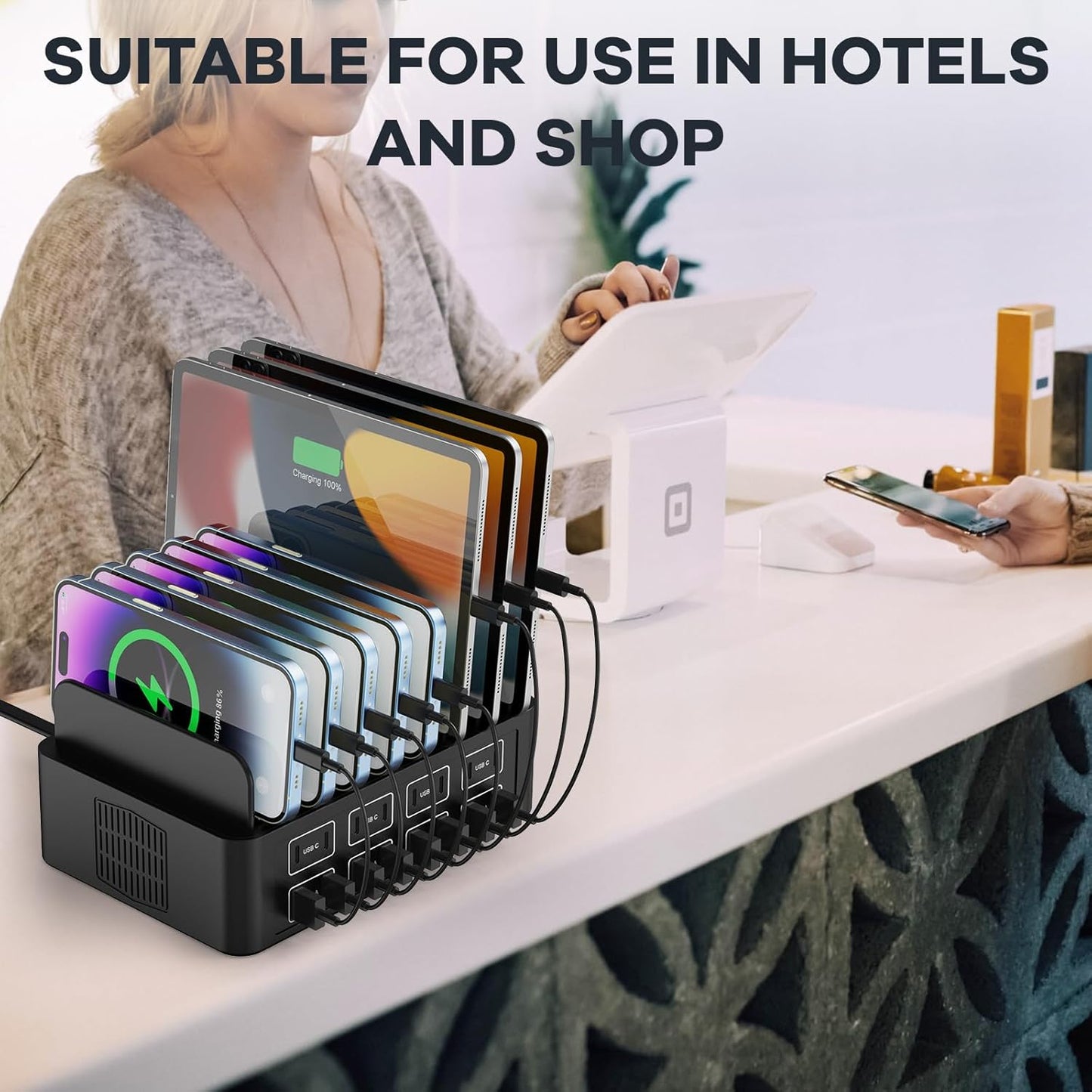Estación de carga de 150W/35A para múltiples dispositivos, RUANSZZ Estación de carga rápida de 16 puertos USB-C, Organizador de carga múltiple compatible con teléfono celular, iPad, Kindle, tableta y