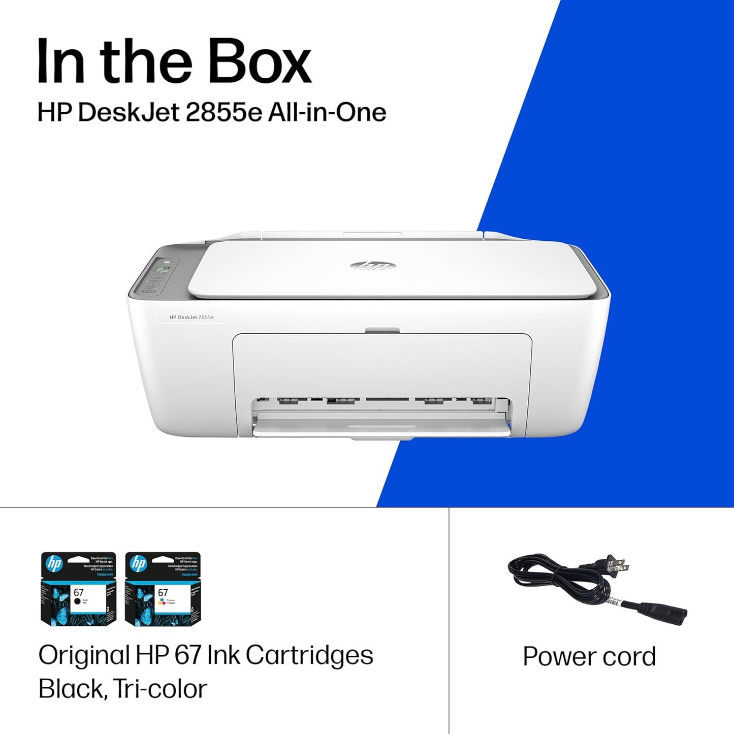 HP DeskJet 2855e Impresora inalámbrica de inyección de tinta todo en uno, escáner, fotocopiadora, lo mejor para el hogar, 3 meses de tinta instantánea incluida, conectividad Wi-Fi de una sola banda