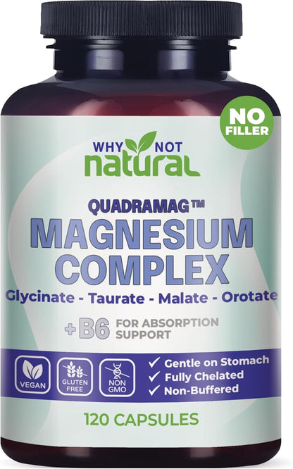 Suplemento Complejo de Magnesio 4 en 1 - Mezcla de glicinato, taurato, malato y orotato - 300 mg por porción, 120 cápsulas