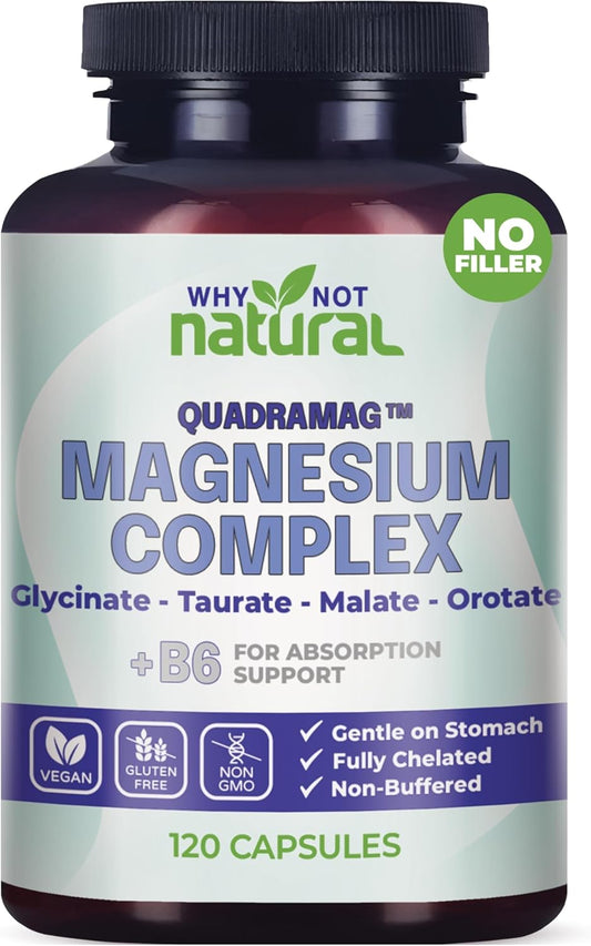 Suplemento Complejo de Magnesio 4 en 1 - Mezcla de glicinato, taurato, malato y orotato - 300 mg por porción, 120 cápsulas