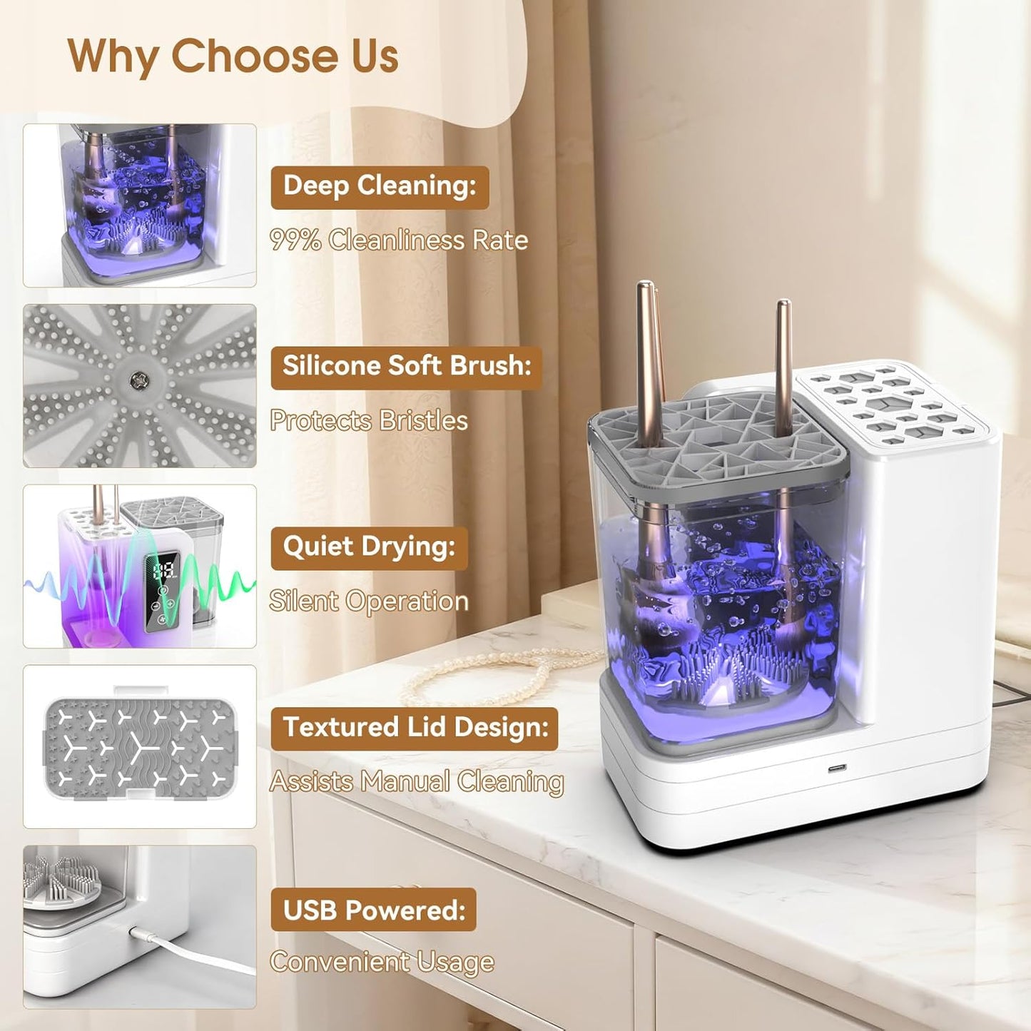 Limpiador y secadora de brochas de maquillaje eléctrico 5 en 1, herramienta de limpieza automática portátil de cepillos cosméticos USB con cepillo de silicona de limpieza profunda para pinceles de