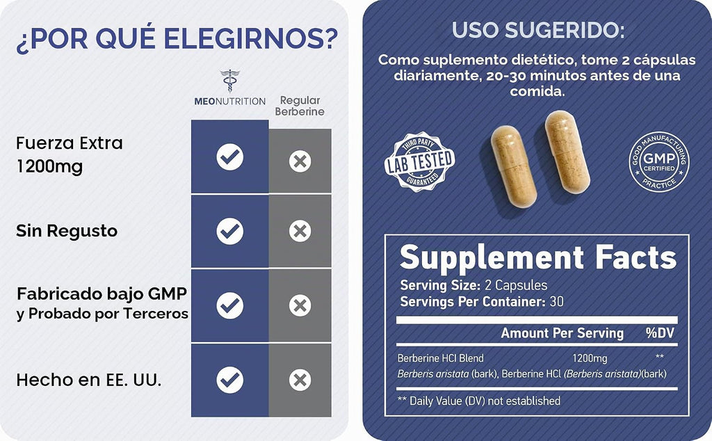 Meo Nutrition Suplemento de berberina de 1200 mg HCI - 60 cápsulas,...