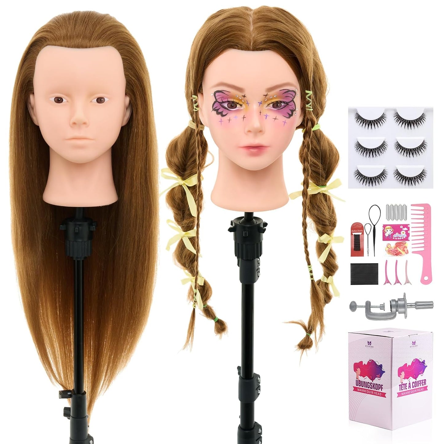 Cabeza de maniquí de 28 pulgadas con 80 % cabello humano real, cabe...