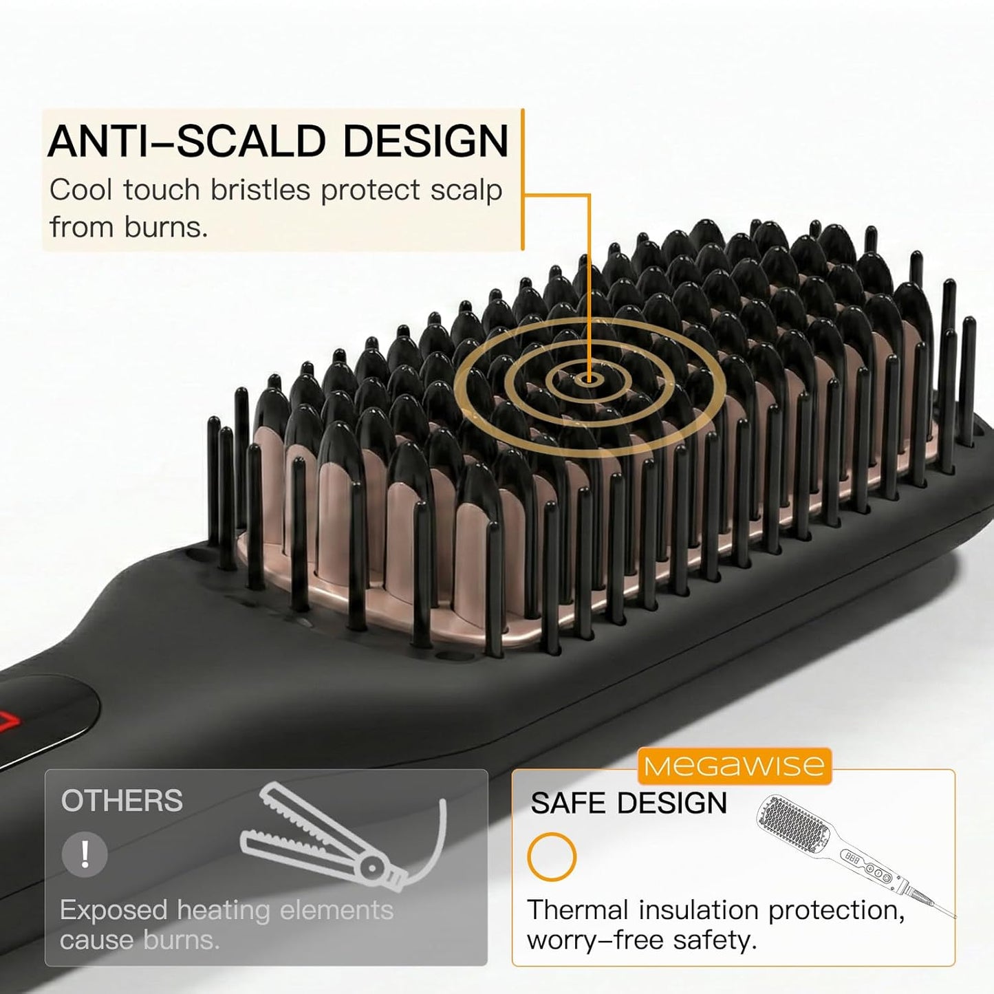MEGAWISE Cepillo alisador de pelo iónico Pro Ceramic para salón en casa, cepillo alisador con tecnología de calefacción de 20 segundos, apagado automático, antiquemaduras con doble voltaje universal