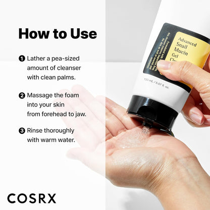 COSRX Advanced Snail Mucin Gel Cleanser, 5.07 fl oz / 5.1 fl oz, rico gel de limpieza profunda diaria para piel seca y sensible, cuidado de la piel coreano, no probado en animales, sin parabenos