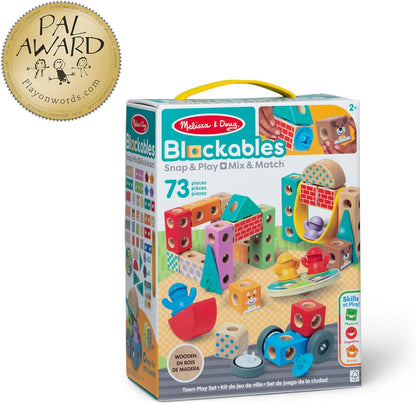 Melissa & Doug Blockables™ Town Snap and Play, mezcla y combina bloques de construcción de madera conectables, juguete para niños y niñas en edad preescolar (73 piezas)