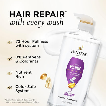Pantene Champú, Volumen Ligero - 72 Horas de Plenitud, Nutrición Ligera con Pro-Vitamina B5 + Antioxidantes, Cabello Fino, Delgado, Teñido, Sin Parabenos, Elimina la Acumulación para Cuerpo y Brillo