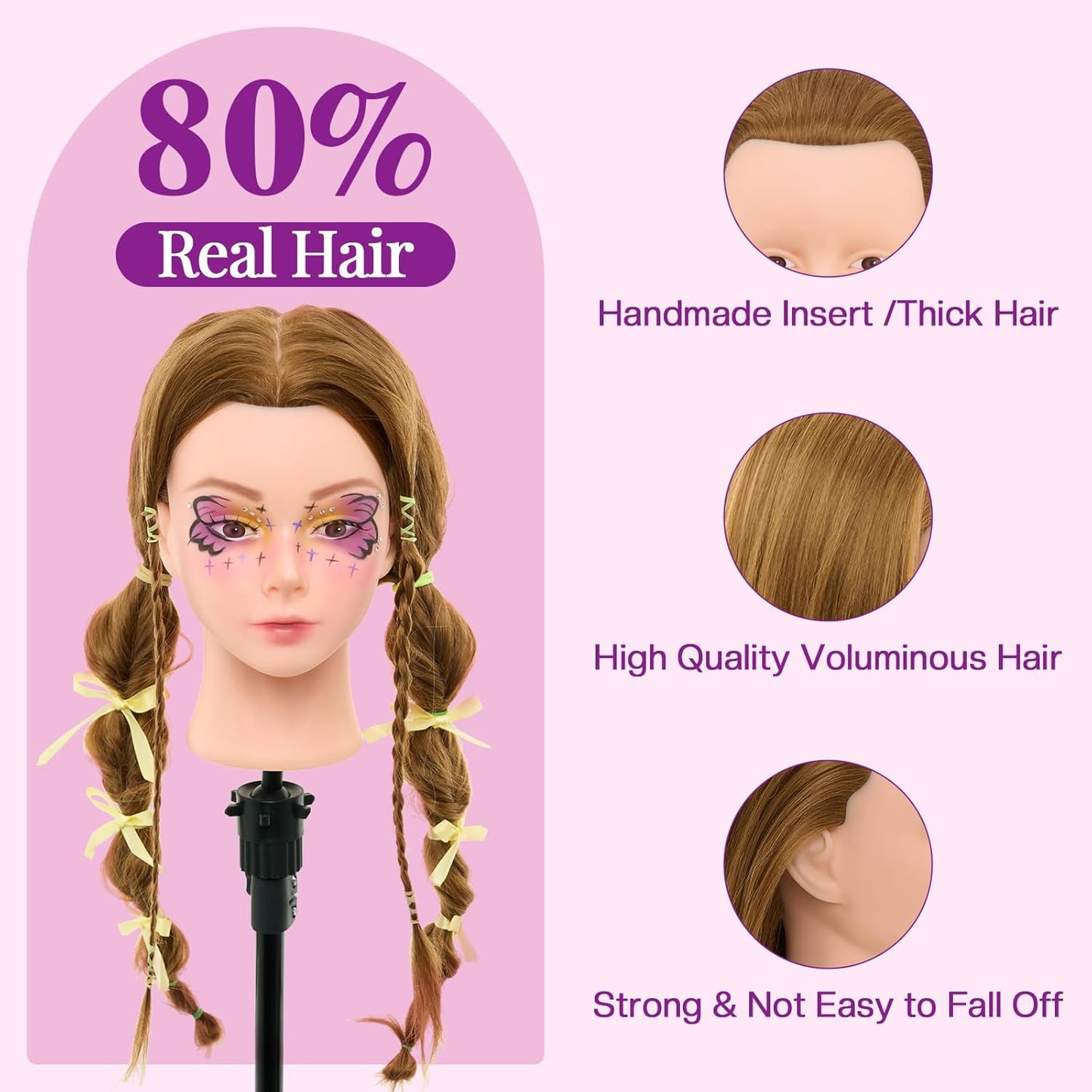 Cabeza de maniquí de 28 pulgadas con 80 % cabello humano real, cabe...