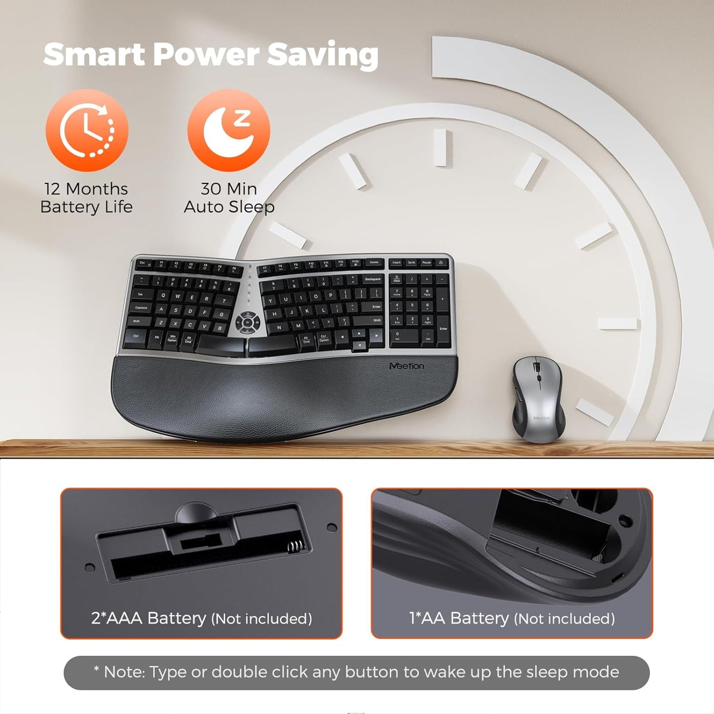 MEETION Combo ergonómico de teclado y mouse inalámbrico, teclado compacto curvado de 2.4 G con reposamanos acolchado, mouse inalámbrico ajustable de 4 niveles DPI para Windows/Mac/Escritorio/PC