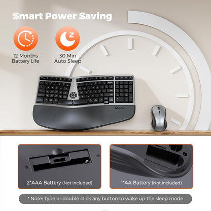 MEETION Combo ergonómico de teclado y mouse inalámbrico, teclado compacto curvado de 2.4 G con reposamanos acolchado, mouse inalámbrico ajustable de 4 niveles DPI para Windows/Mac/Escritorio/PC