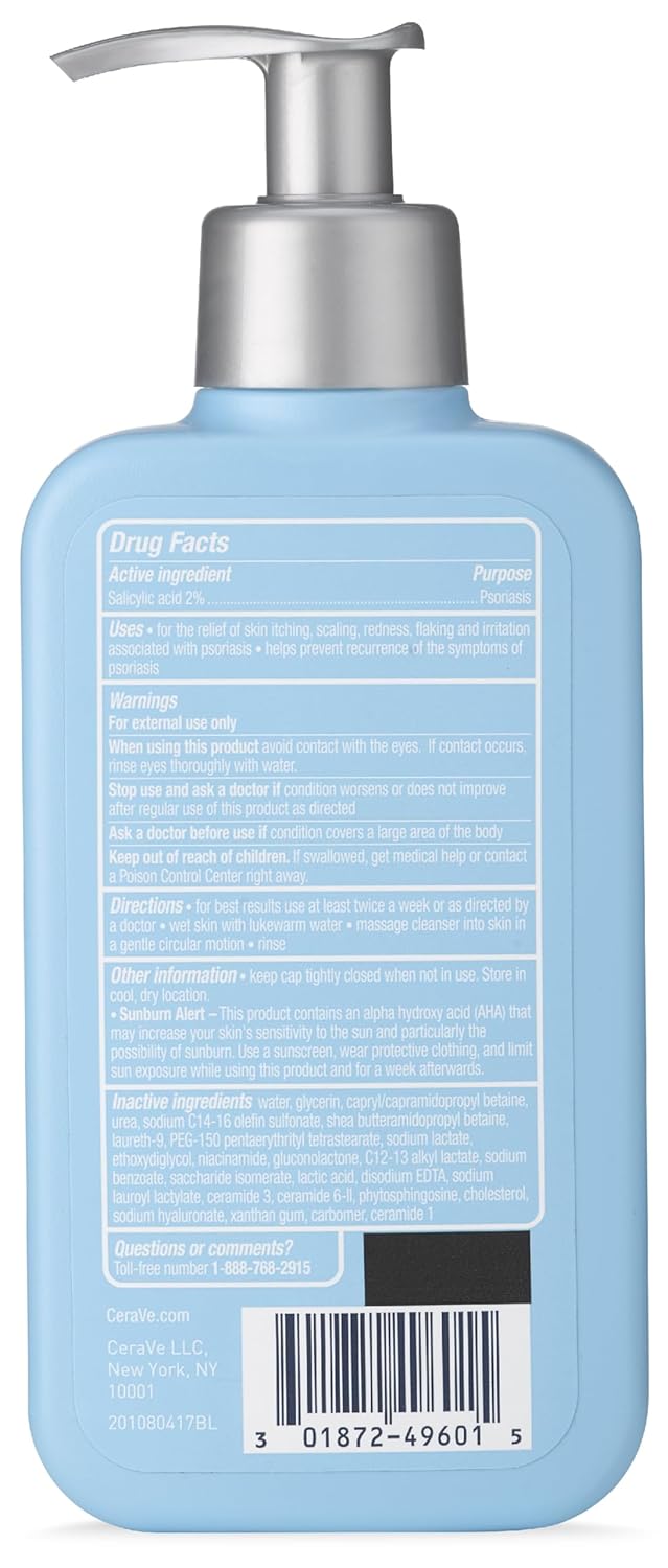CeraVe Limpiador para el tratamiento de la psoriasis, con ácido salicílico para el alivio de la picazón de la piel seca y ácido láctico para la exfoliación, sin fragancias y probado contra alergias, 8