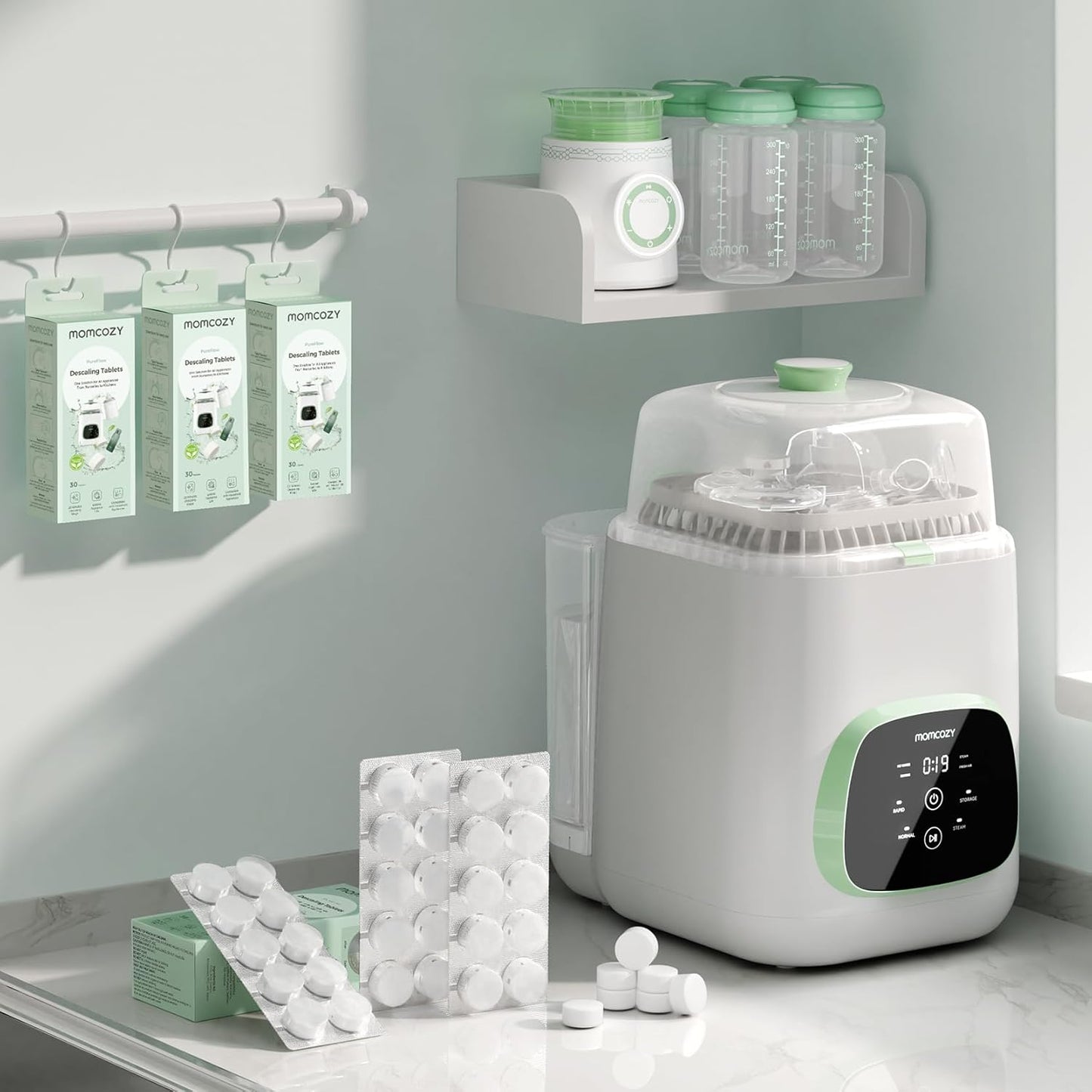 Momcozy Pastillas Descalcificadoras Oficiales, Compatible con KleanPal Pro Lavabiberón para Bebé, Descalcificador para Eliminación de Leche y Sarro, 30 Unidades