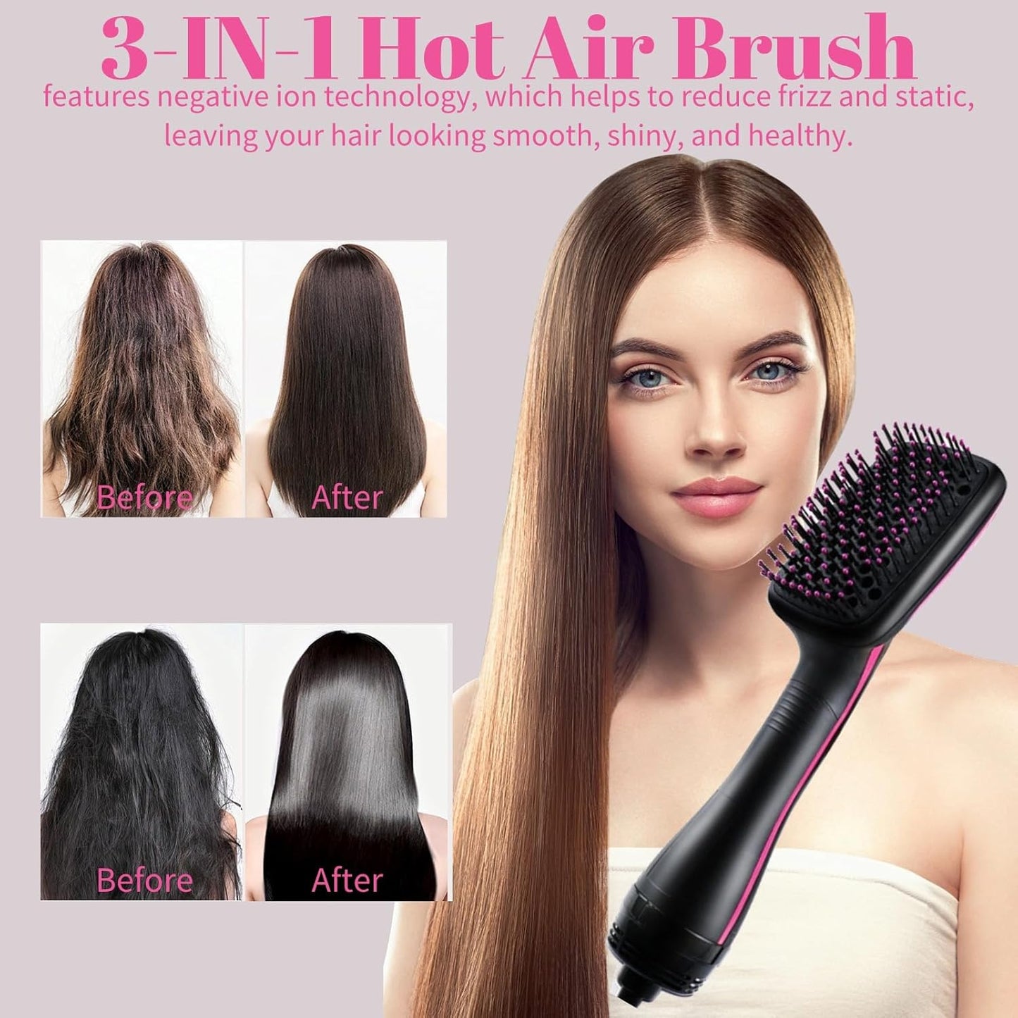 Cepillo iónico de 1 paso para alisar el cabello y secador - Herramienta de peinado de aire caliente de iones negativos para cabello liso - Todo tipo de cabello