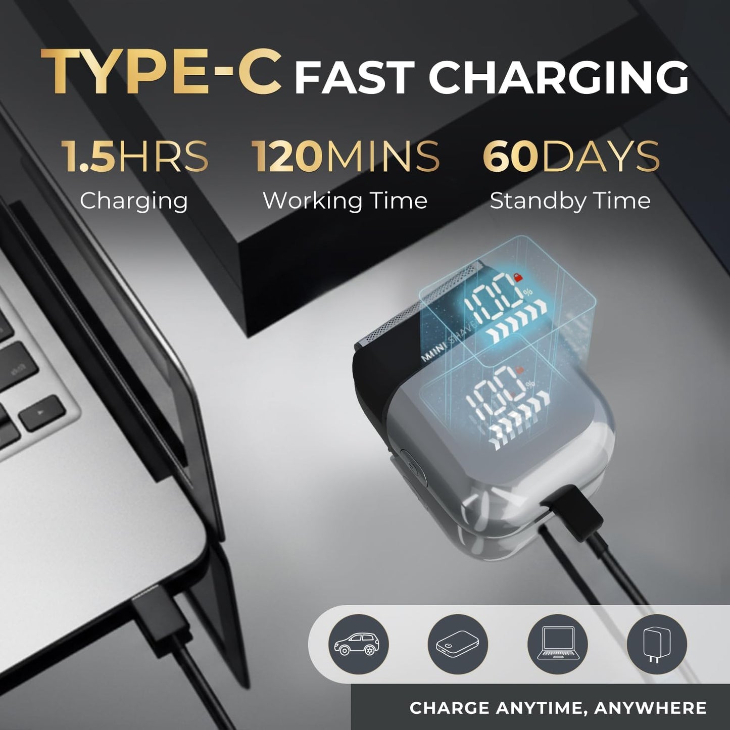 Afeitadora eléctrica de aluminio para hombres, mini maquinilla de afeitar eléctrica para afeitado facial con 3 cuchillas flotantes, navaja de viaje recargable de carga rápida USB-C, IPX7, impermeable