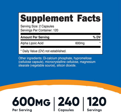 Nutricost Ácido alfa lipoico de 600 mg, 240 cápsulas vegetarianas,...