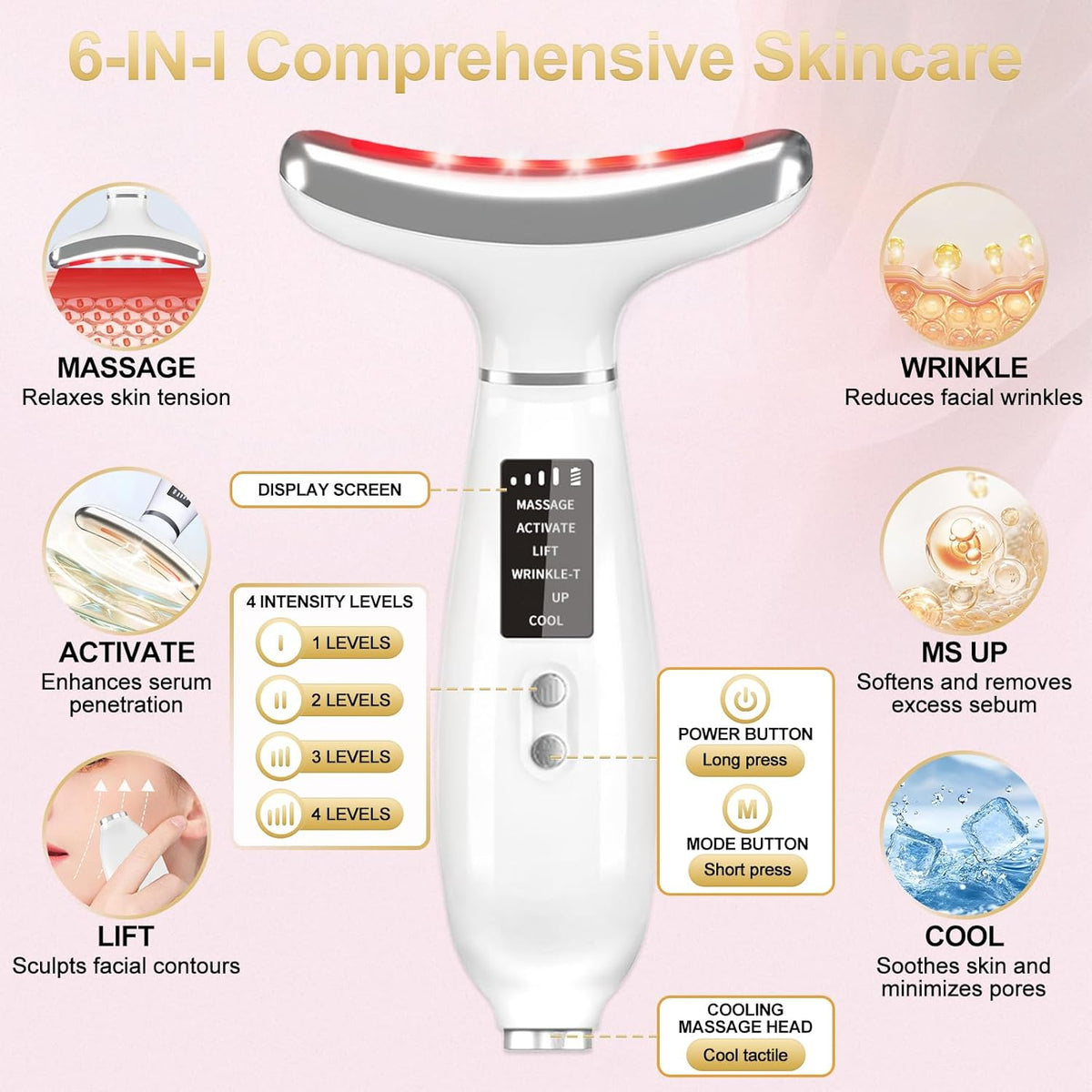 Masajeador facial de cuello, masajeador facial LED de 4 colores con...