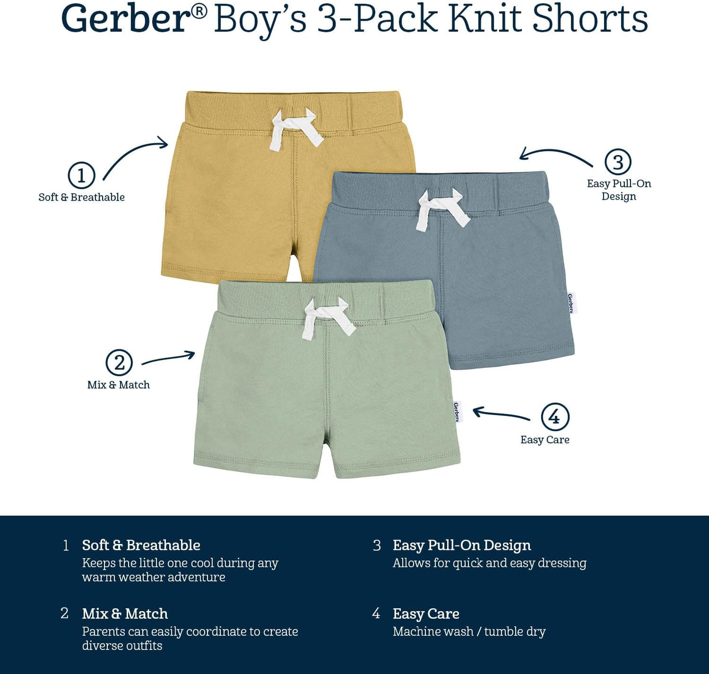 Gerber Paquete de 3 pantalones cortos de punto para bebé niño